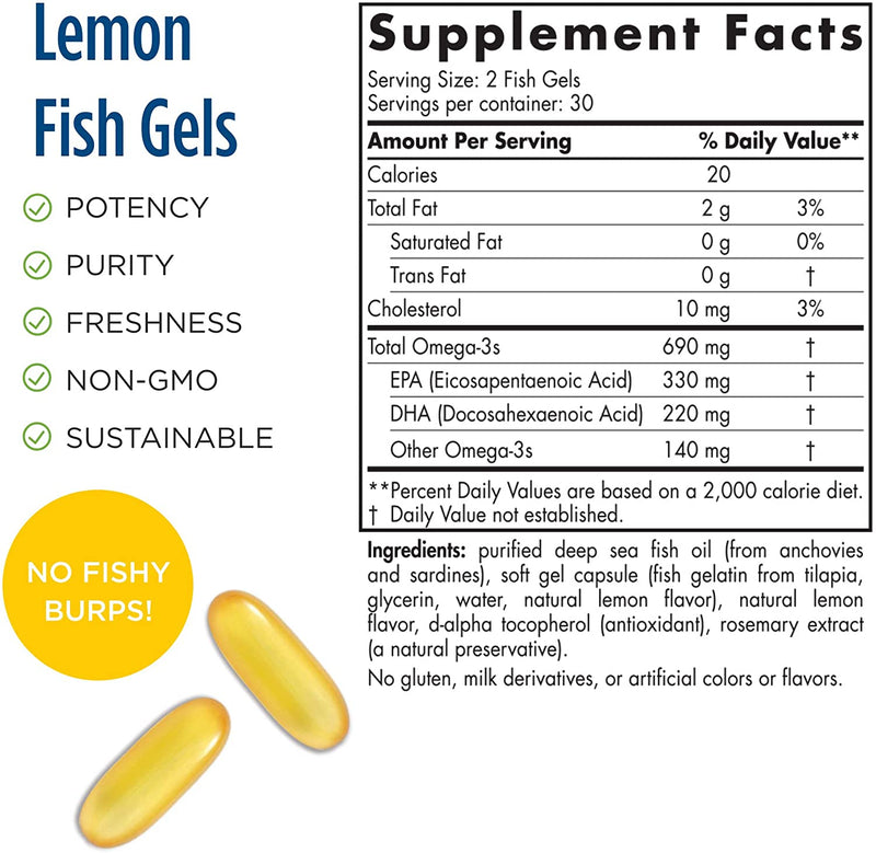 Nordic Naturals Omega-3 in Fish Gelatin, Lemon Flavor - 690 mg Omega-3 - 60 Fish Gels