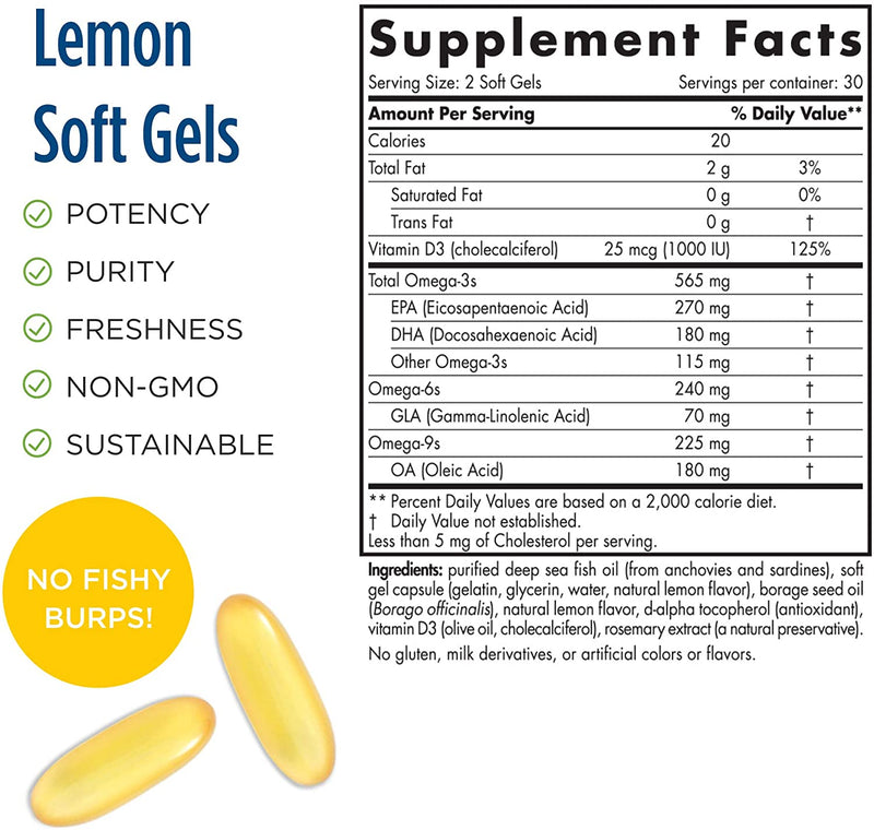 Nordic Naturals Complete Omega-D3, Lemon Flavor - 565 mg Omega-3 + 70 mg GLA + 1000 IU Vitamin D3-60 Soft Gels