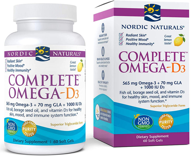 Nordic Naturals Complete Omega-D3, Lemon Flavor - 565 mg Omega-3 + 70 mg GLA + 1000 IU Vitamin D3-60 Soft Gels