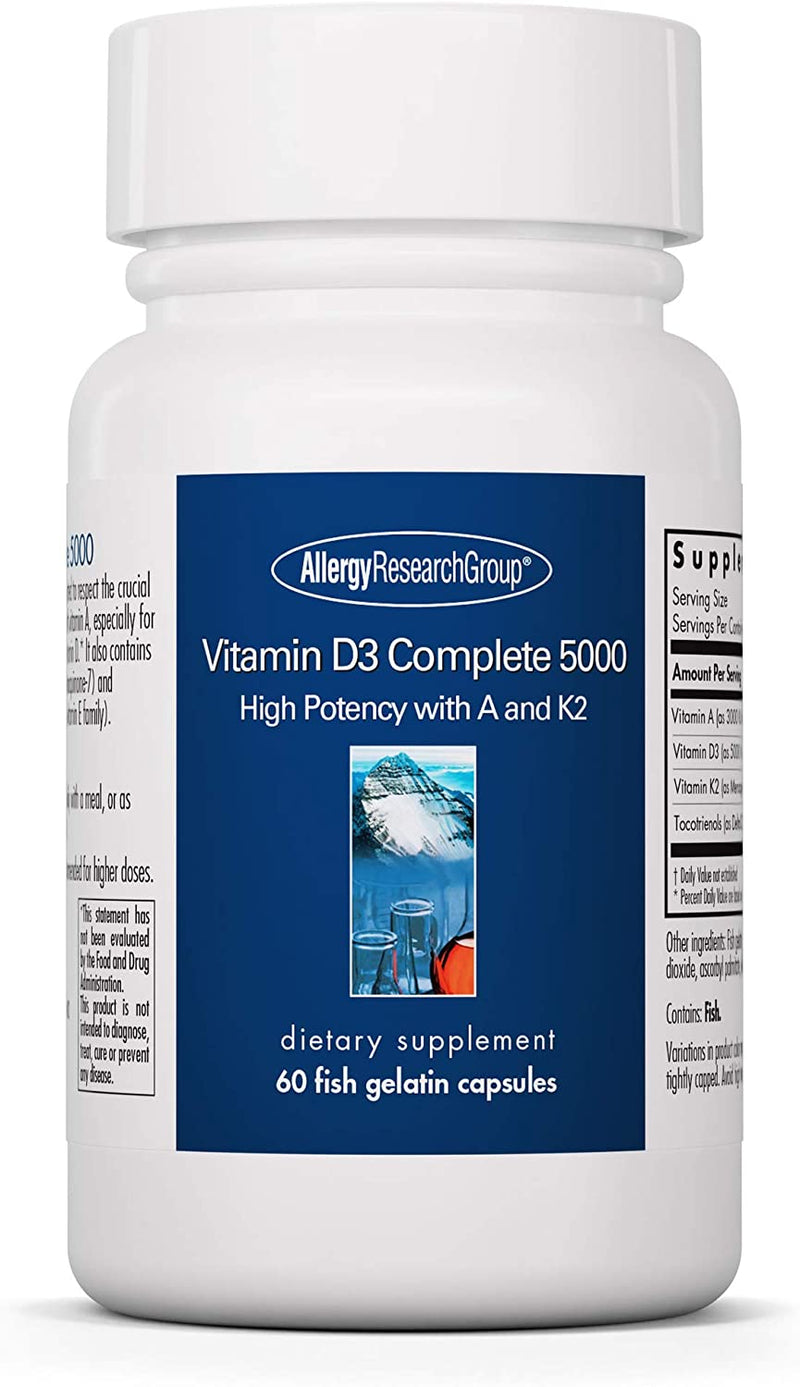 Allergy Research Group - Vitamin D3 Complete 5000 - High Potency with A/E/K2 - 60 Fish Gelatin Capsules