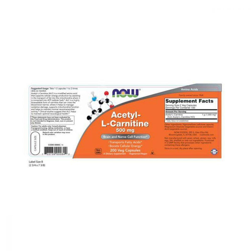 NOW Acetyl-L Carnitine 500mg 200 vcaps