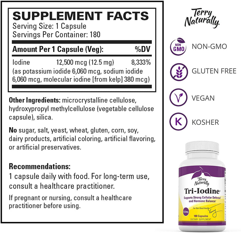 Terry Naturally Tri-Iodine 12.5 mg -180 Vegan Capsules - Supports Hormone Balance, Promotes Breast & Prostate Health - Non-GMO, Gluten-Free, Kosher - 180 Servings