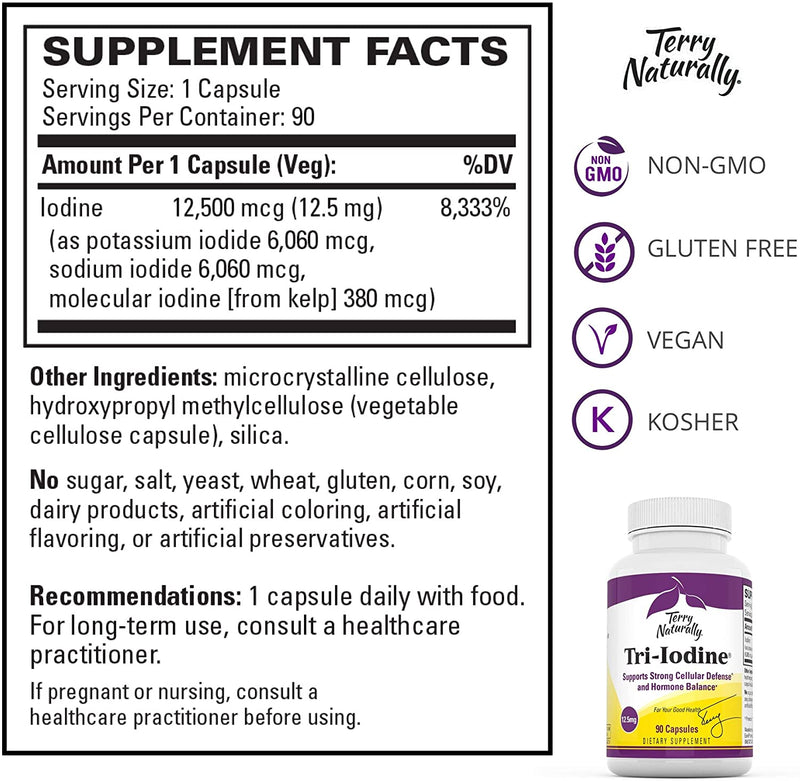 Terry Naturally Tri-Iodine 12.5 mg -  90 Vegan Capsules - Supports Hormone Balance, Promotes Breast & Prostate Health - Non-GMO, Gluten-Free, Kosher - 90 Servings