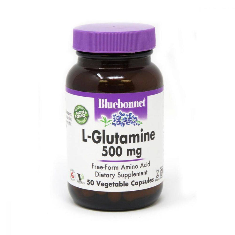 Bluebonnet's L-Glutamine 500 mg Vcaps provide free-form L-glutamine in easy-to-swallow vegetable capsules for maximum assimilation and absorption.