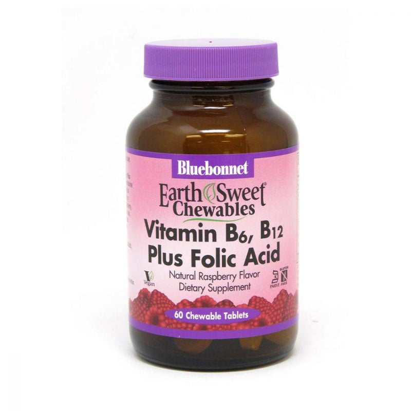 Bluebonnet Earth Sweet Chewable Vitamin B-6 B-12 + Folic Acid 60 Raspberry Chewable Tabs